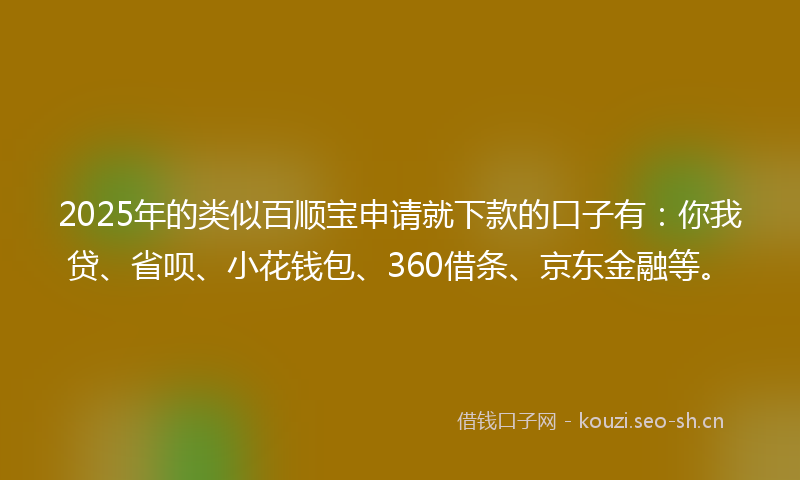 2025年的类似百顺宝申请就下款的口子有：你我贷、省呗、小花钱包、360借条、京东金融等。