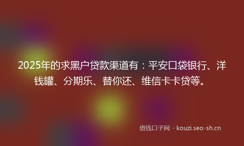 2025年的求黑户贷款渠道有：平安口袋银行、洋钱罐、分期乐、替你还、维信卡卡贷等。