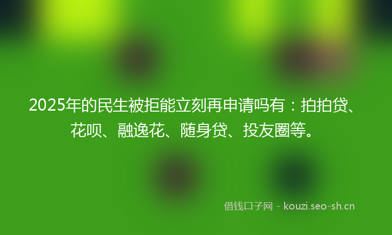 2025年的民生被拒能立刻再申请吗有：拍拍贷、花呗、融逸花、随身贷、投友圈等。