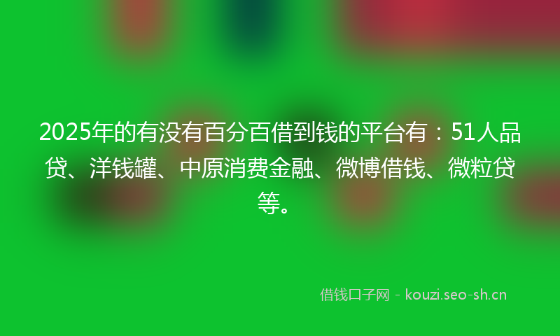 2025年的有没有百分百借到钱的平台有：51人品贷、洋钱罐、中原消费金融、微博借钱、微粒贷等。