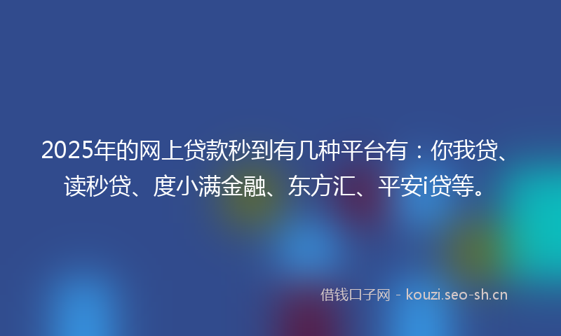 2025年的网上贷款秒到有几种平台有：你我贷、读秒贷、度小满金融、东方汇、平安i贷等。