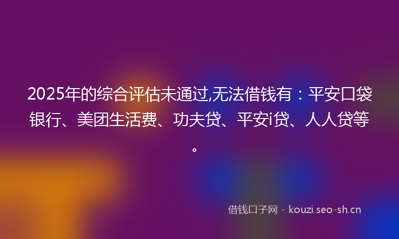 2025年的综合评估未通过,无法借钱有：平安口袋银行、美团生活费、功夫贷、平安i贷、人人贷等。