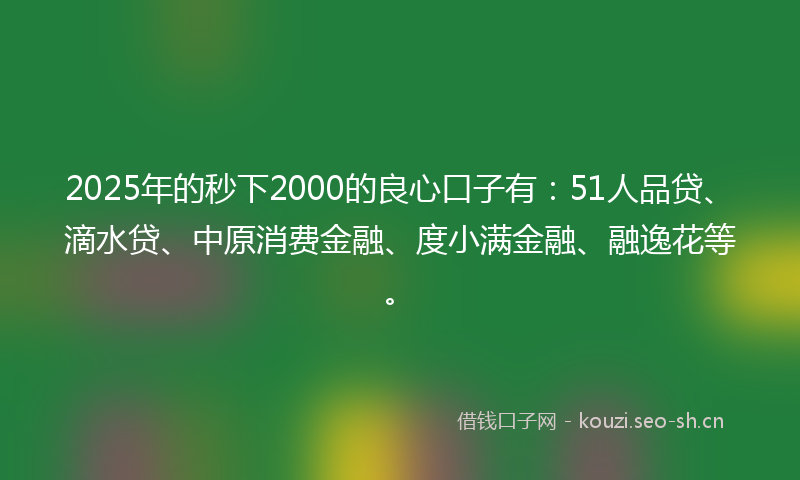 2025年的秒下2000的良心口子有：51人品贷、滴水贷、中原消费金融、度小满金融、融逸花等。