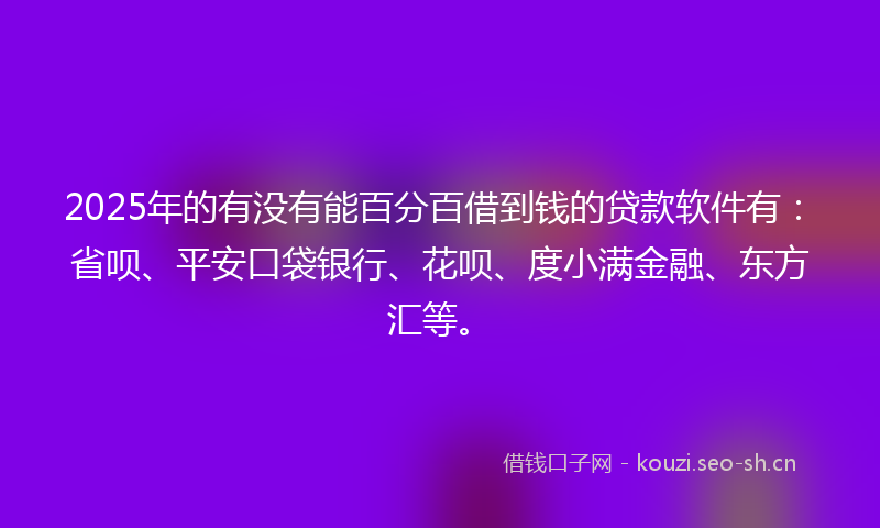 2025年的有没有能百分百借到钱的贷款软件有：省呗、平安口袋银行、花呗、度小满金融、东方汇等。