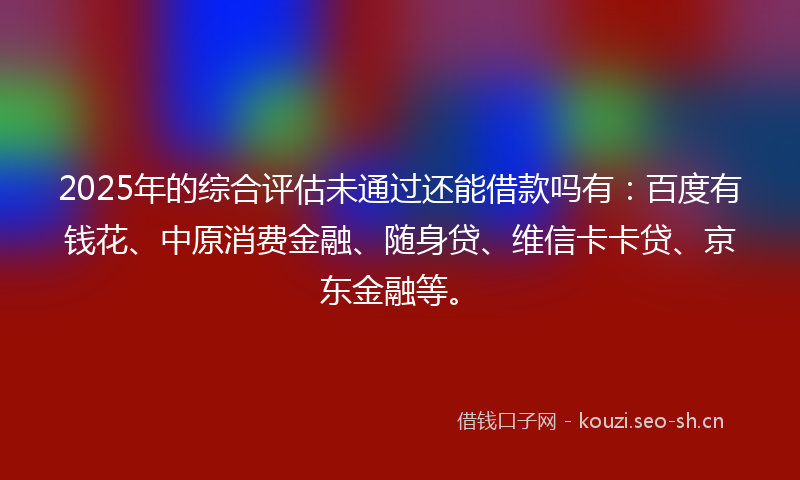 2025年的综合评估未通过还能借款吗有：百度有钱花、中原消费金融、随身贷、维信卡卡贷、京东金融等。