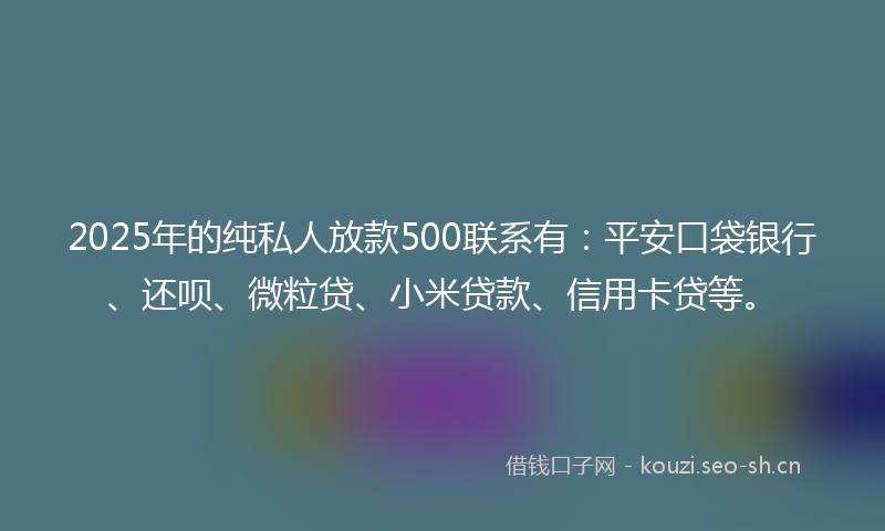 2025年的纯私人放款500联系有：平安口袋银行、还呗、微粒贷、小米贷款、信用卡贷等。