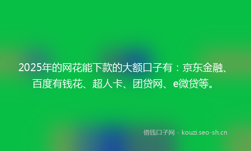 2025年的网花能下款的大额口子有：京东金融、百度有钱花、超人卡、团贷网、e微贷等。