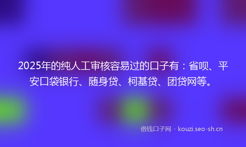 2025年的纯人工审核容易过的口子有：省呗、平安口袋银行、随身贷、柯基贷、团贷网等。