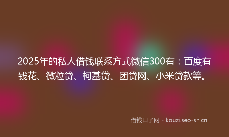 2025年的私人借钱联系方式微信300有：百度有钱花、微粒贷、柯基贷、团贷网、小米贷款等。