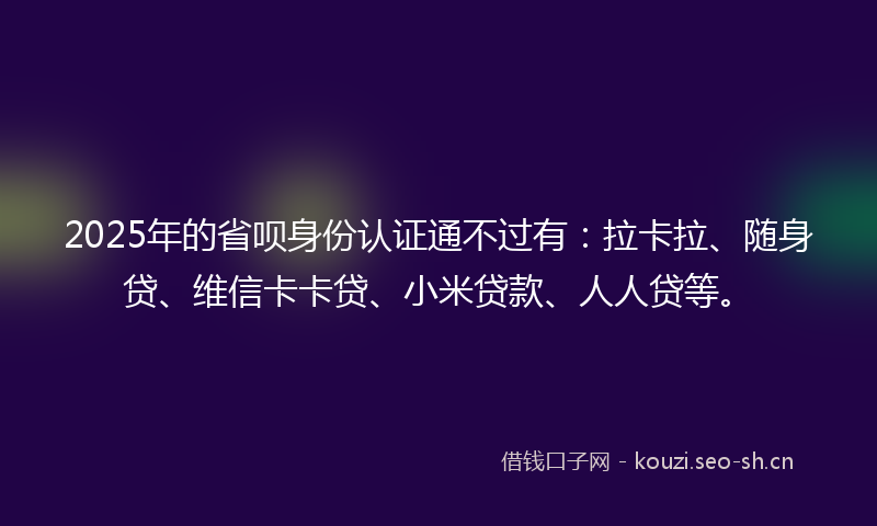 2025年的省呗身份认证通不过有：拉卡拉、随身贷、维信卡卡贷、小米贷款、人人贷等。