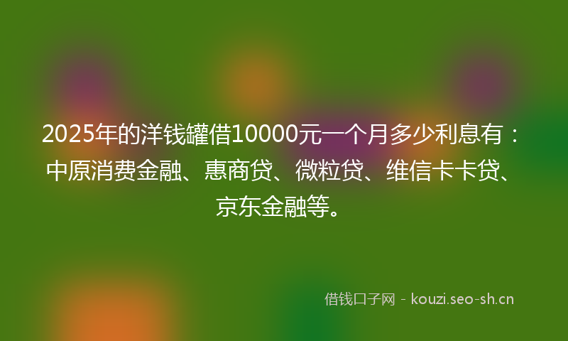 2025年的洋钱罐借10000元一个月多少利息有：中原消费金融、惠商贷、微粒贷、维信卡卡贷、京东金融等。
