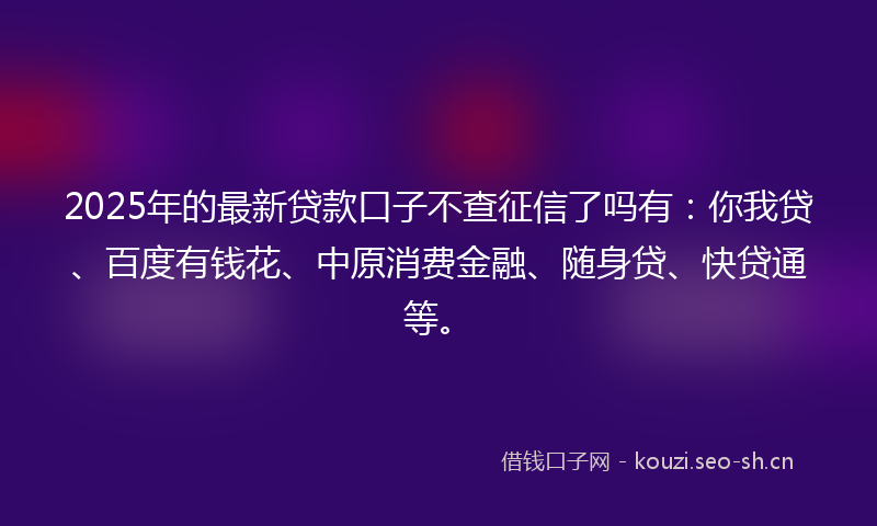 2025年的最新贷款口子不查征信了吗有：你我贷、百度有钱花、中原消费金融、随身贷、快贷通等。