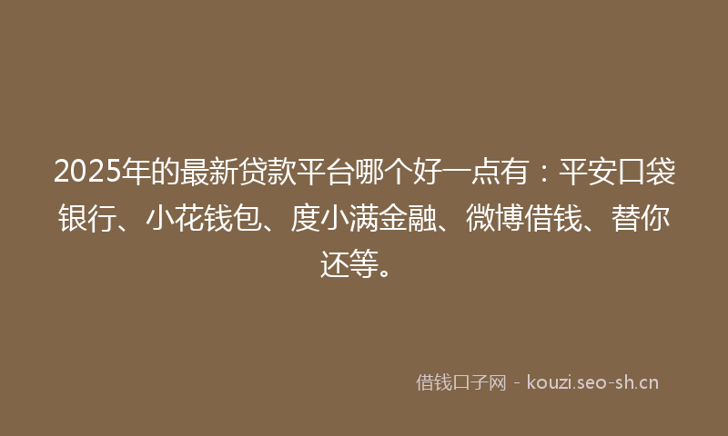 2025年的最新贷款平台哪个好一点有：平安口袋银行、小花钱包、度小满金融、微博借钱、替你还等。