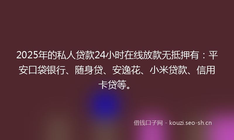 2025年的私人贷款24小时在线放款无抵押有：平安口袋银行、随身贷、安逸花、小米贷款、信用卡贷等。