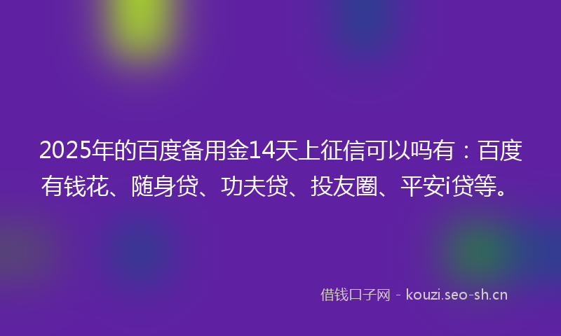2025年的百度备用金14天上征信可以吗有：百度有钱花、随身贷、功夫贷、投友圈、平安i贷等。