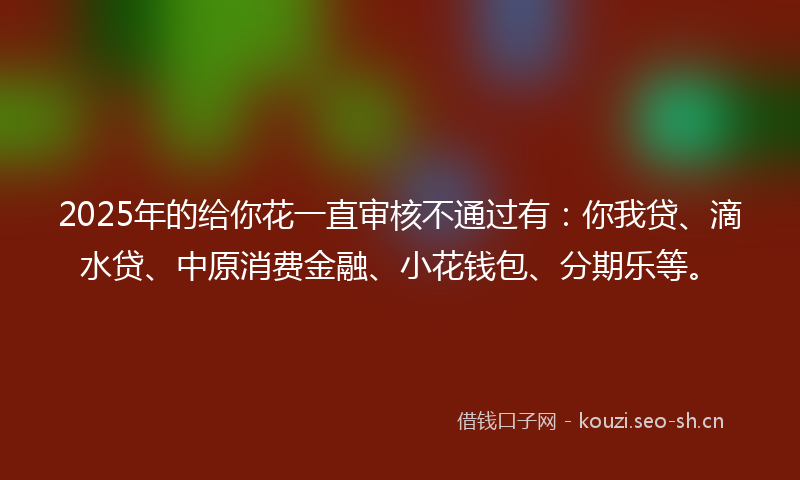 2025年的给你花一直审核不通过有：你我贷、滴水贷、中原消费金融、小花钱包、分期乐等。