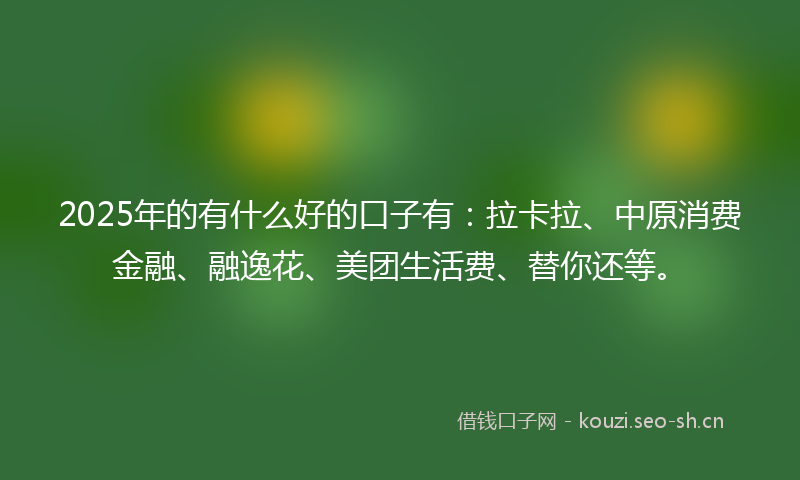 2025年的有什么好的口子有：拉卡拉、中原消费金融、融逸花、美团生活费、替你还等。