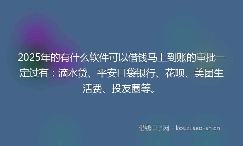 2025年的有什么软件可以借钱马上到账的审批一定过有：滴水贷、平安口袋银行、花呗、美团生活费、投友圈等。