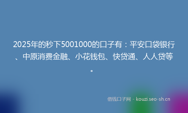 2025年的秒下5001000的口子有：平安口袋银行、中原消费金融、小花钱包、快贷通、人人贷等。