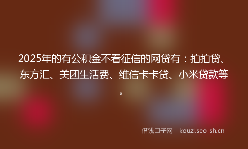 2025年的有公积金不看征信的网贷有：拍拍贷、东方汇、美团生活费、维信卡卡贷、小米贷款等。