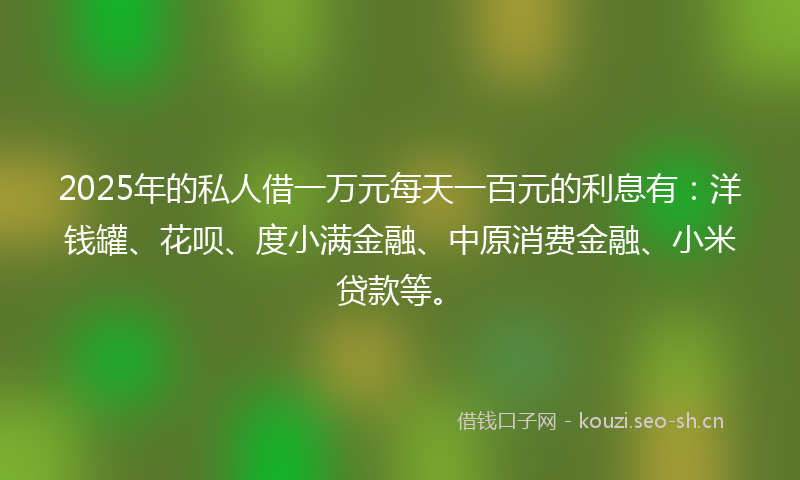 2025年的私人借一万元每天一百元的利息有：洋钱罐、花呗、度小满金融、中原消费金融、小米贷款等。