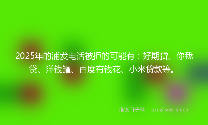 2025年的浦发电话被拒的可能有：好期贷、你我贷、洋钱罐、百度有钱花、小米贷款等。