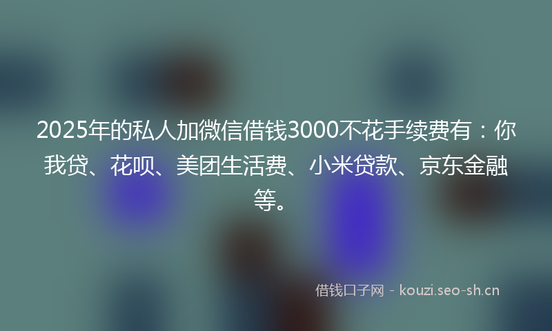 2025年的私人加微信借钱3000不花手续费有：你我贷、花呗、美团生活费、小米贷款、京东金融等。