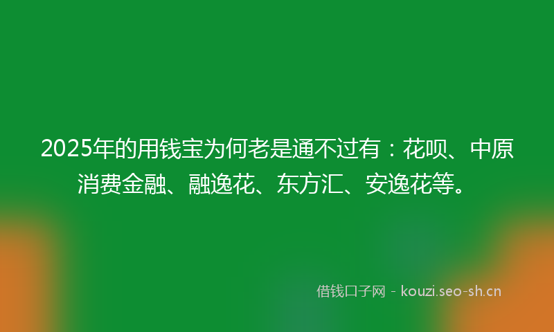 2025年的用钱宝为何老是通不过有：花呗、中原消费金融、融逸花、东方汇、安逸花等。