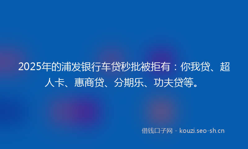 2025年的浦发银行车贷秒批被拒有：你我贷、超人卡、惠商贷、分期乐、功夫贷等。