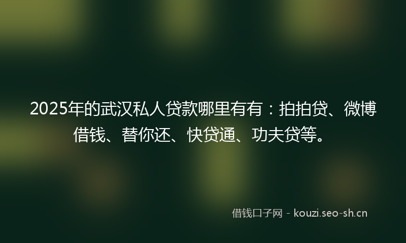 2025年的武汉私人贷款哪里有有：拍拍贷、微博借钱、替你还、快贷通、功夫贷等。