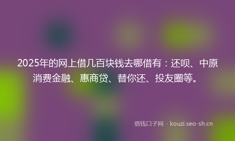 2025年的网上借几百块钱去哪借有：还呗、中原消费金融、惠商贷、替你还、投友圈等。