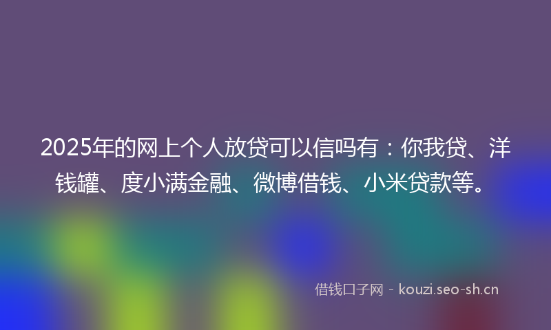 2025年的网上个人放贷可以信吗有：你我贷、洋钱罐、度小满金融、微博借钱、小米贷款等。