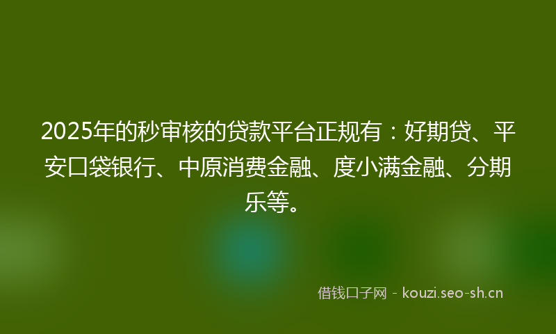 2025年的秒审核的贷款平台正规有：好期贷、平安口袋银行、中原消费金融、度小满金融、分期乐等。