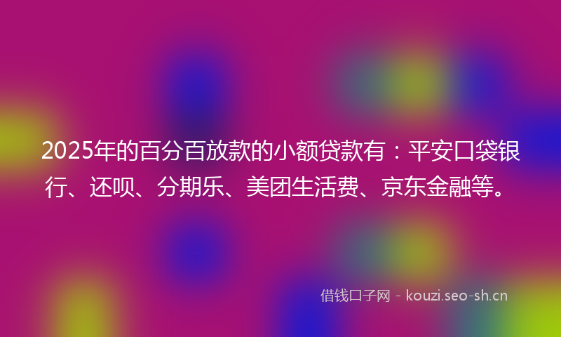 2025年的百分百放款的小额贷款有：平安口袋银行、还呗、分期乐、美团生活费、京东金融等。