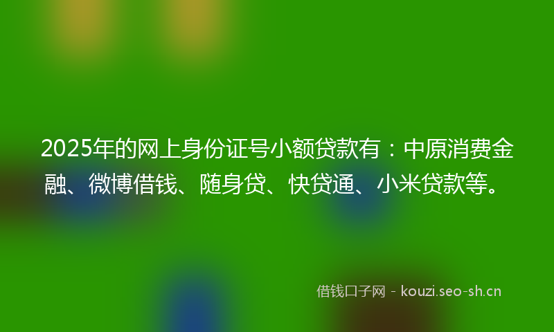 2025年的网上身份证号小额贷款有：中原消费金融、微博借钱、随身贷、快贷通、小米贷款等。
