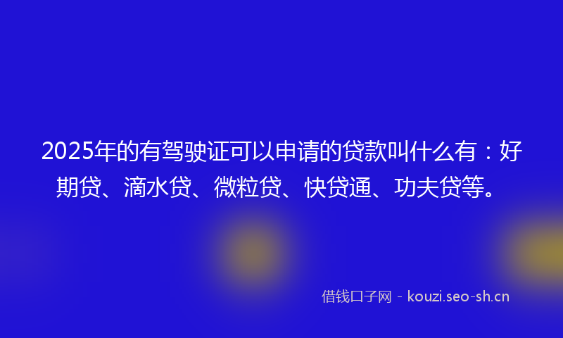 2025年的有驾驶证可以申请的贷款叫什么有：好期贷、滴水贷、微粒贷、快贷通、功夫贷等。