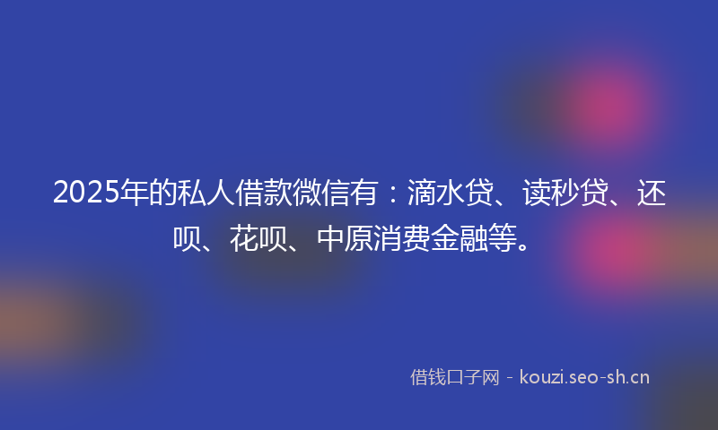 2025年的私人借款微信有：滴水贷、读秒贷、还呗、花呗、中原消费金融等。