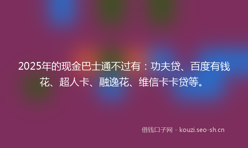 2025年的现金巴士通不过有：功夫贷、百度有钱花、超人卡、融逸花、维信卡卡贷等。