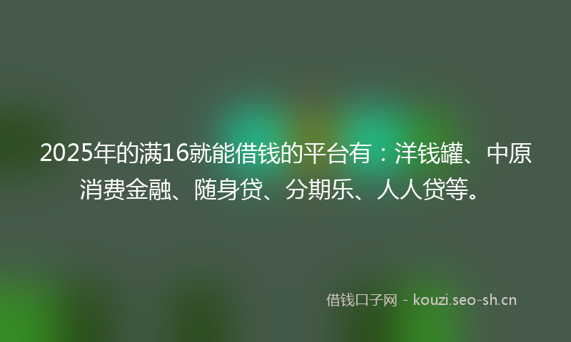 2025年的满16就能借钱的平台有：洋钱罐、中原消费金融、随身贷、分期乐、人人贷等。