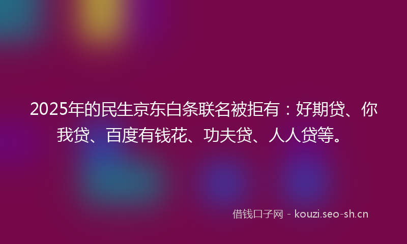 2025年的民生京东白条联名被拒有：好期贷、你我贷、百度有钱花、功夫贷、人人贷等。