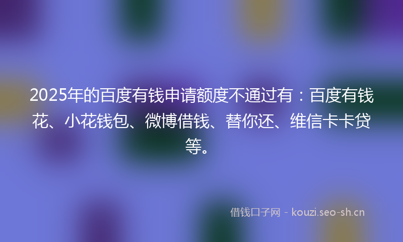 2025年的百度有钱申请额度不通过有：百度有钱花、小花钱包、微博借钱、替你还、维信卡卡贷等。