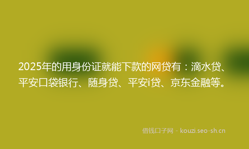 2025年的用身份证就能下款的网贷有：滴水贷、平安口袋银行、随身贷、平安i贷、京东金融等。