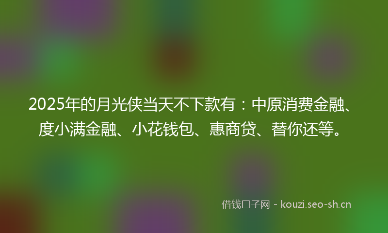 2025年的月光侠当天不下款有：中原消费金融、度小满金融、小花钱包、惠商贷、替你还等。