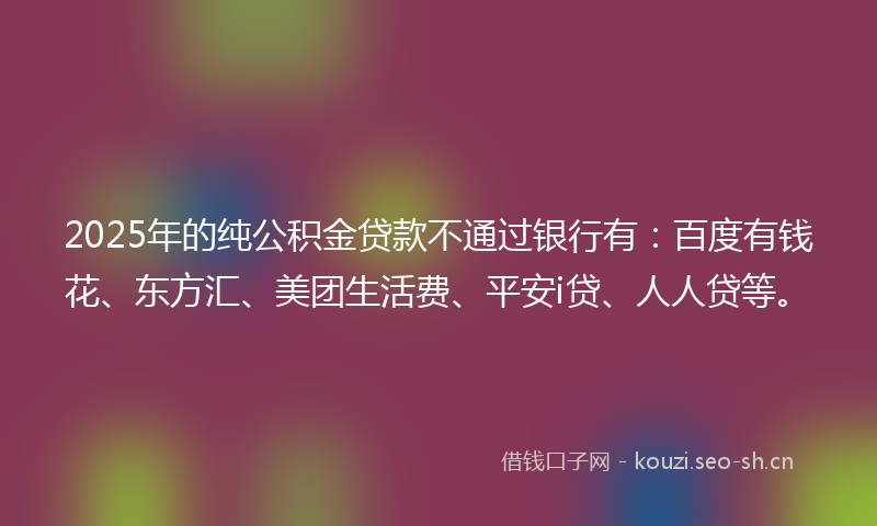 2025年的纯公积金贷款不通过银行有：百度有钱花、东方汇、美团生活费、平安i贷、人人贷等。