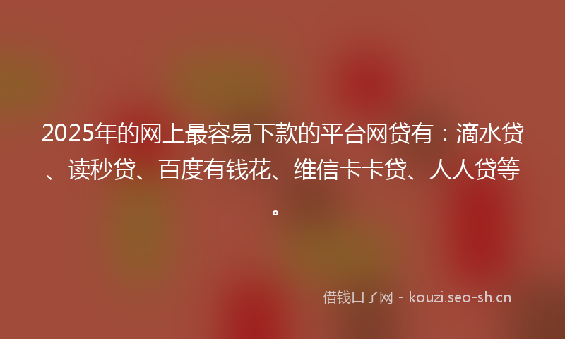 2025年的网上最容易下款的平台网贷有：滴水贷、读秒贷、百度有钱花、维信卡卡贷、人人贷等。