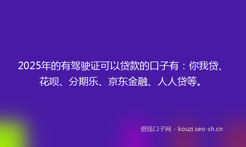 2025年的有驾驶证可以贷款的口子有：你我贷、花呗、分期乐、京东金融、人人贷等。