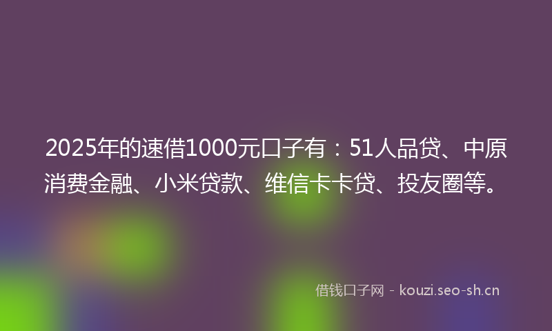 2025年的速借1000元口子有：51人品贷、中原消费金融、小米贷款、维信卡卡贷、投友圈等。
