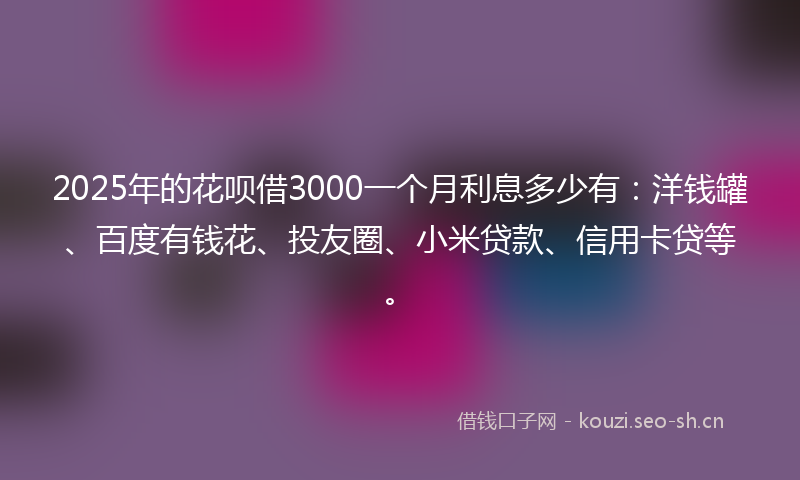 2025年的花呗借3000一个月利息多少有：洋钱罐、百度有钱花、投友圈、小米贷款、信用卡贷等。