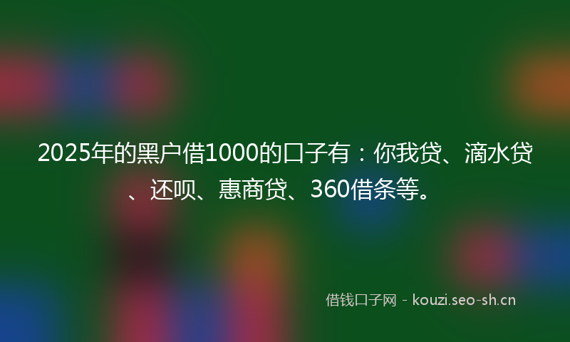 2025年的黑户借1000的口子有：你我贷、滴水贷、还呗、惠商贷、360借条等。