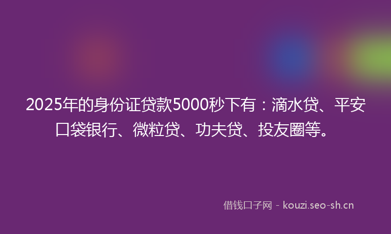 2025年的身份证贷款5000秒下有：滴水贷、平安口袋银行、微粒贷、功夫贷、投友圈等。